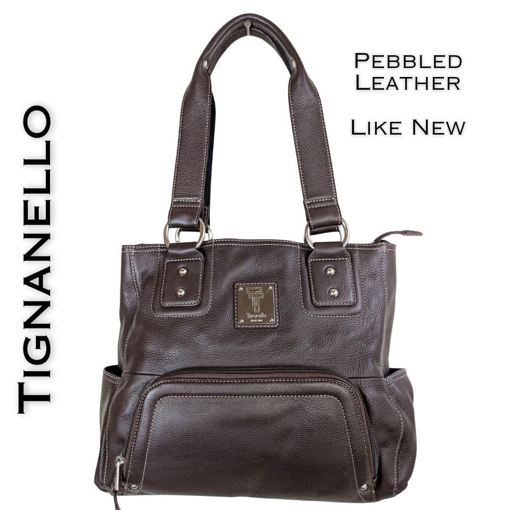 Tignanello Shoulder Bag Large Brown Pebbled Leather Multi Pocket Organizer Tote
